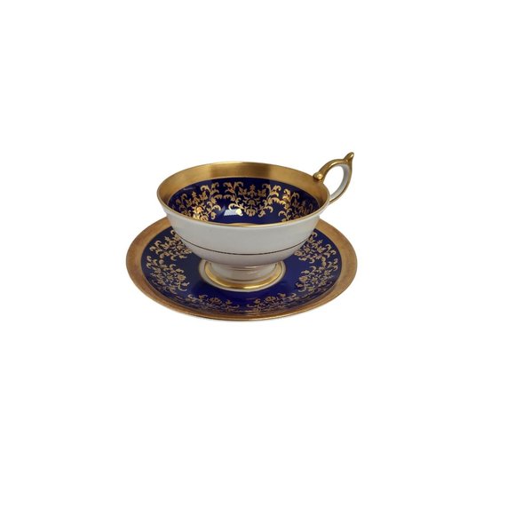 Aynsley Tea Cup And Saucer Pedestal Blue Gold Fruit England Vintage - Picture 4 of 8